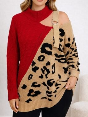 Womens Ribbed Cable knit Red and Leopard Print one shoulder Pullover turtleneck
